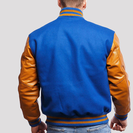 Bright Royal Wool Body & Old Gold Leather Sleeves Varsity Jacket