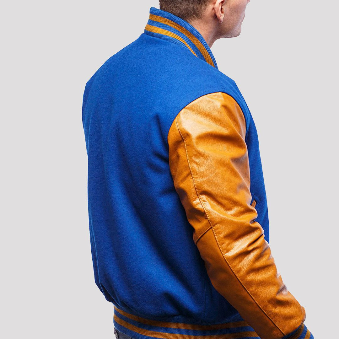 Bright Royal Wool Body & Old Gold Leather Sleeves Varsity Jacket