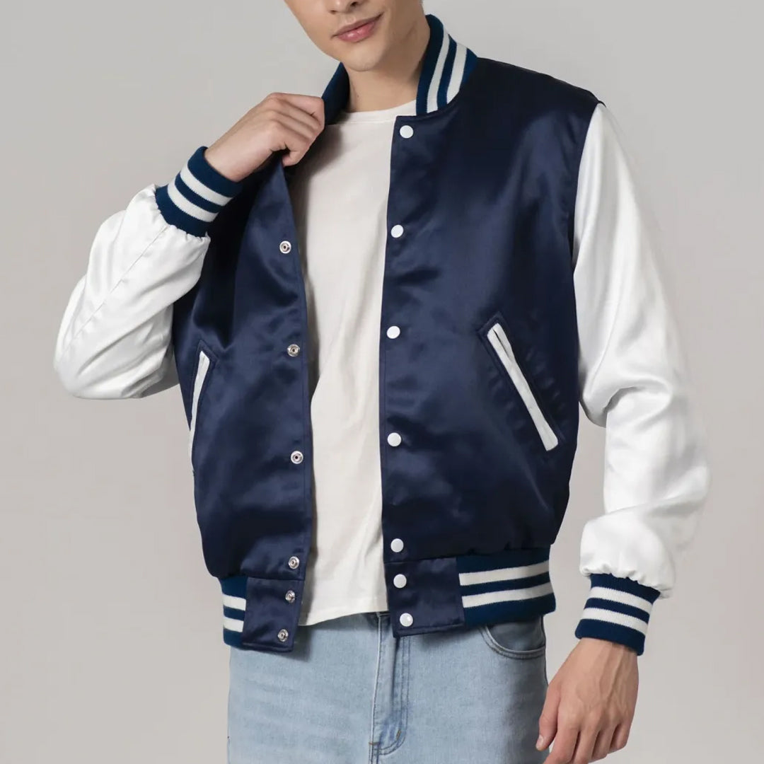 Navy Blue Satin And White Sleeves Jacket