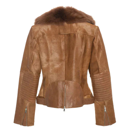 Women's Tara Calf Faux Shearling Brown Fur Leather Jacket-Women Shearling Jacket-Premium Leather Street