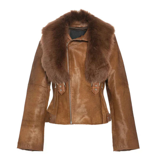 Women's Tara Calf Faux Shearling Brown Fur Leather Jacket-Women Shearling Jacket-Premium Leather Street