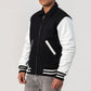 Black Body & White Byron Collar and Zipper Leather Sleeves Letterman Jacket