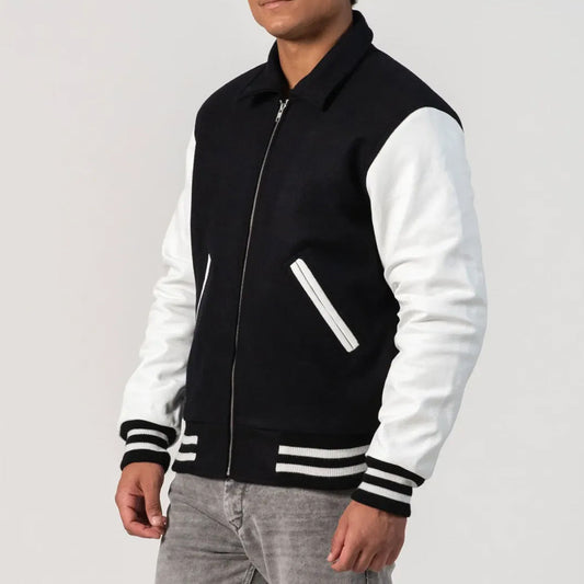 Black Body & White Byron Collar and Zipper Leather Sleeves Letterman Jacket