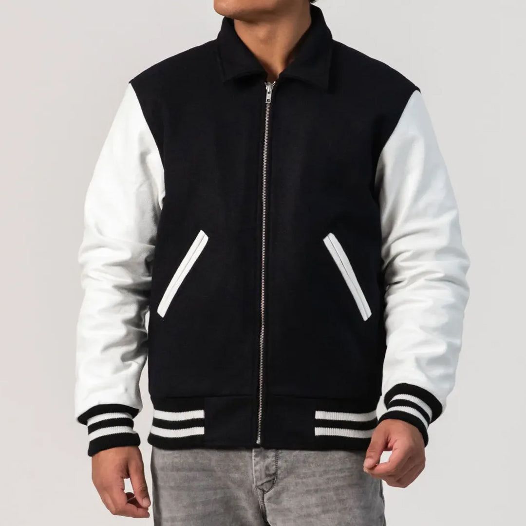 Black Body & White Byron Collar and Zipper Leather Sleeves Letterman Jacket