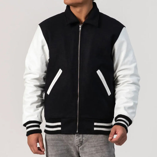Black Body & White Byron Collar and Zipper Leather Sleeves Letterman Jacket