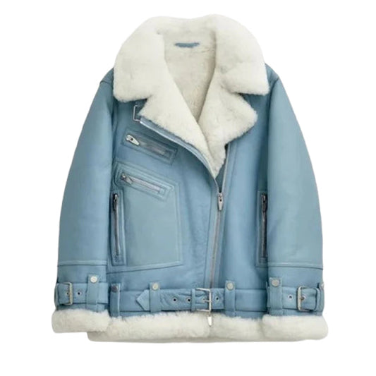 Women's Notch Faux Shearling Moto Leather Jacket-Women Shearling Jacket-Premium Leather Street