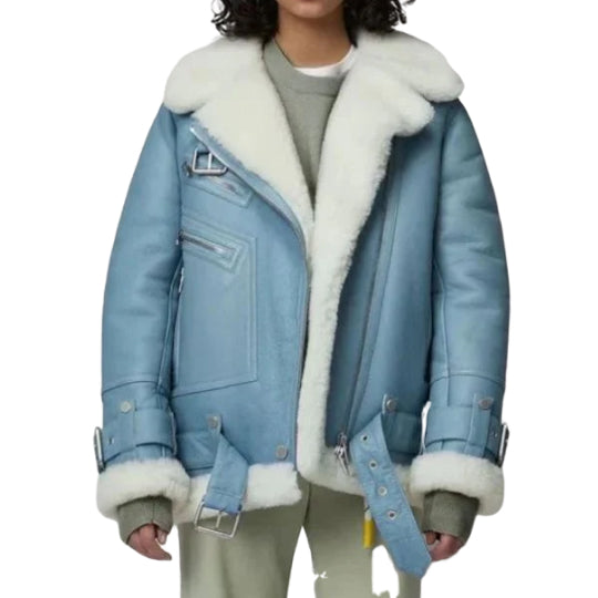Women's Notch Faux Shearling Moto Leather Jacket-Women Shearling Jacket-Premium Leather Street