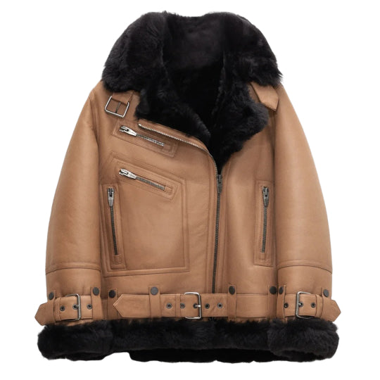 Women's Notch Faux Shearling Moto Leather Jacket-Women Shearling Jacket-Premium Leather Street