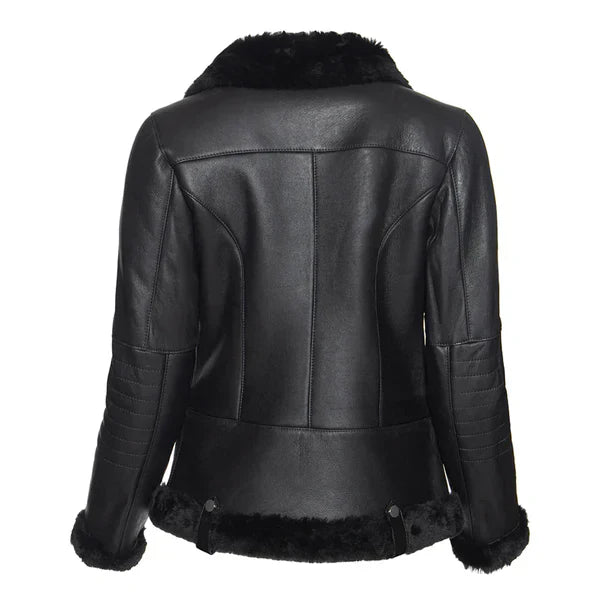 Women's Spanish Merino Faux Shearling Black Leather Jacket-Women Shearling Jacket-Premium Leather Street