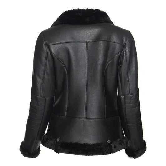 Women's Spanish Merino Faux Shearling Black Leather Jacket-Women Shearling Jacket-Premium Leather Street
