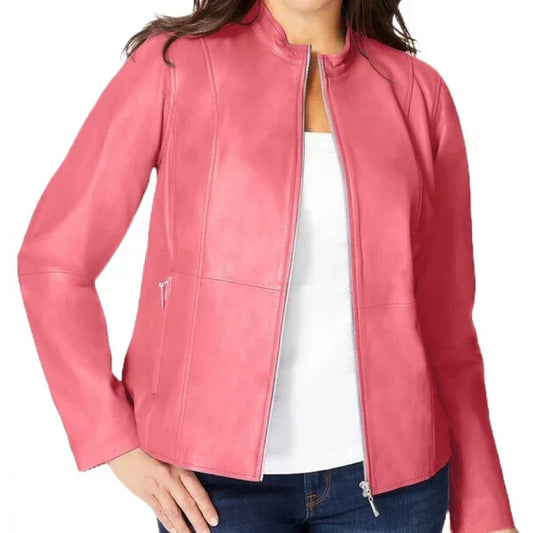 Women's Pink Zip Front Leather Jacket-Women Leather Jacket-Premium Leather Street