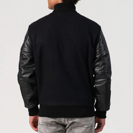 Black Melton Wool Body & Cowhide Leather Sleeves Zipper Jacket