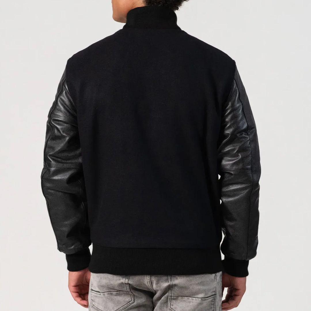 Black Melton Wool Body & Cowhide Leather Sleeves Zipper Jacket