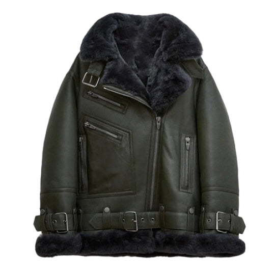 Women's Notch Faux Shearling Moto Leather Jacket-Women Shearling Jacket-Premium Leather Street
