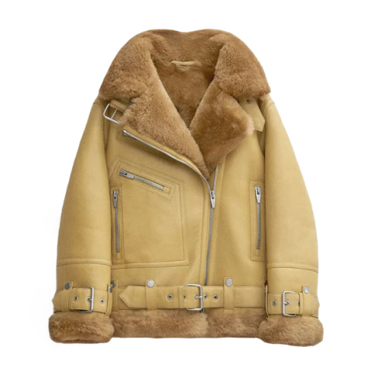 Women's Notch Faux Shearling Moto Leather Jacket-Women Shearling Jacket-Premium Leather Street