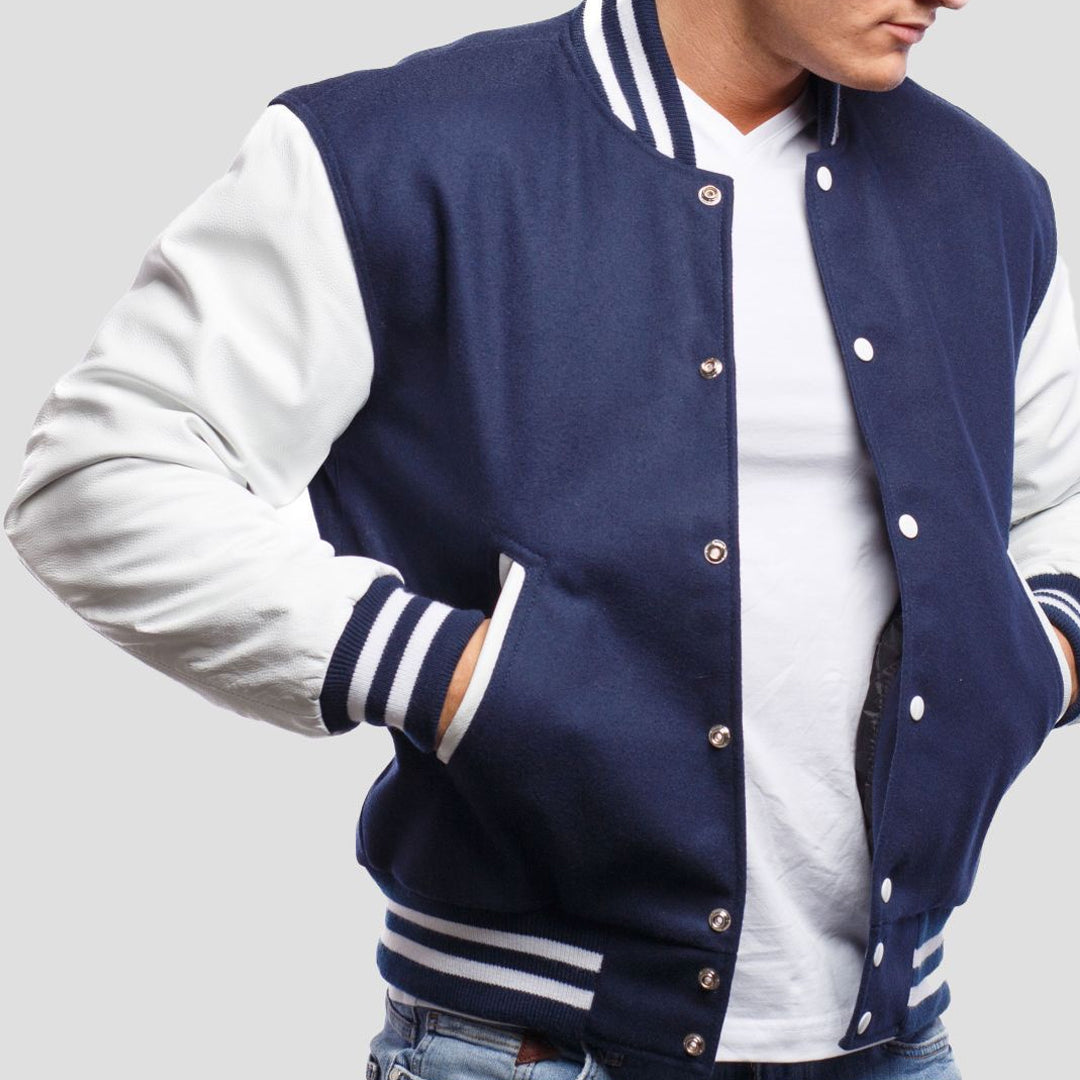 Royal Blue Wool Body & Bright White Leather Sleeves Varsity Jacket
