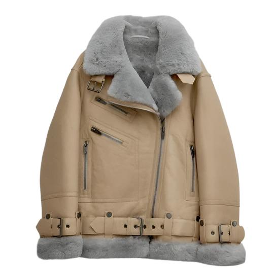 Women's Notch Faux Shearling Moto Leather Jacket-Women Shearling Jacket-Premium Leather Street