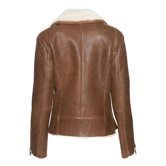 Women's Cognac Faux Shearling Straight Moto Leather Jacket-Women Shearling Jacket-Premium Leather Street
