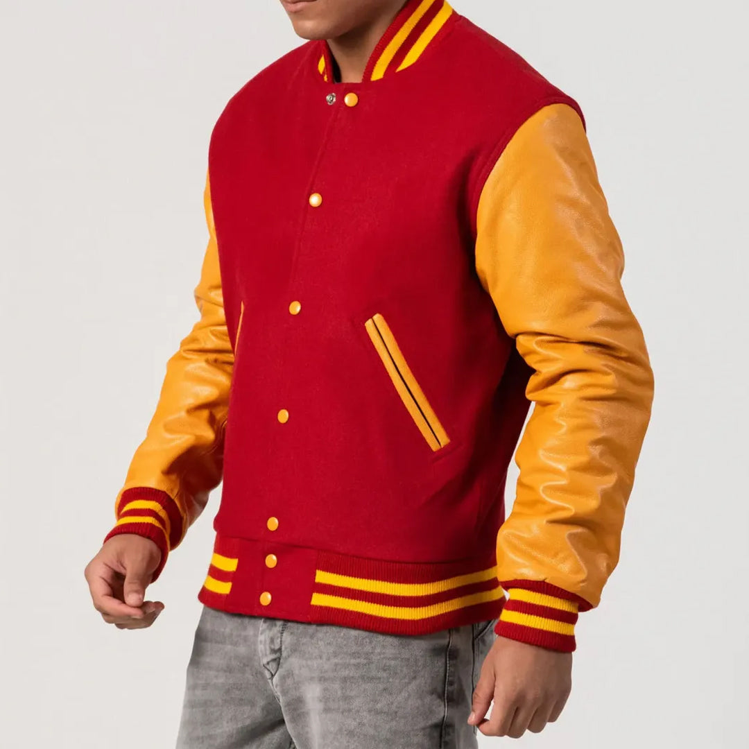 Scarlet Body & Bright Gold Leather Sleeves Varsity Jacket