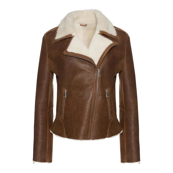 Women's Cognac Faux Shearling Straight Moto Leather Jacket-Women Shearling Jacket-Premium Leather Street