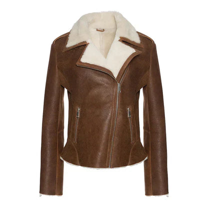 Women's Cognac Faux Shearling Straight Moto Leather Jacket-Women Shearling Jacket-Premium Leather Street