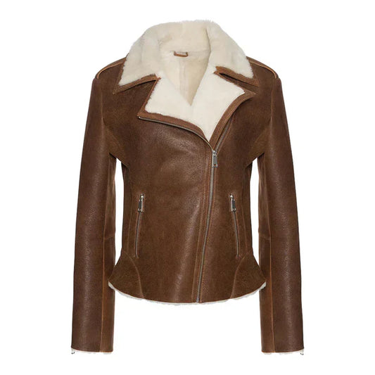 Women's Cognac Faux Shearling Straight Moto Leather Jacket-Women Shearling Jacket-Premium Leather Street