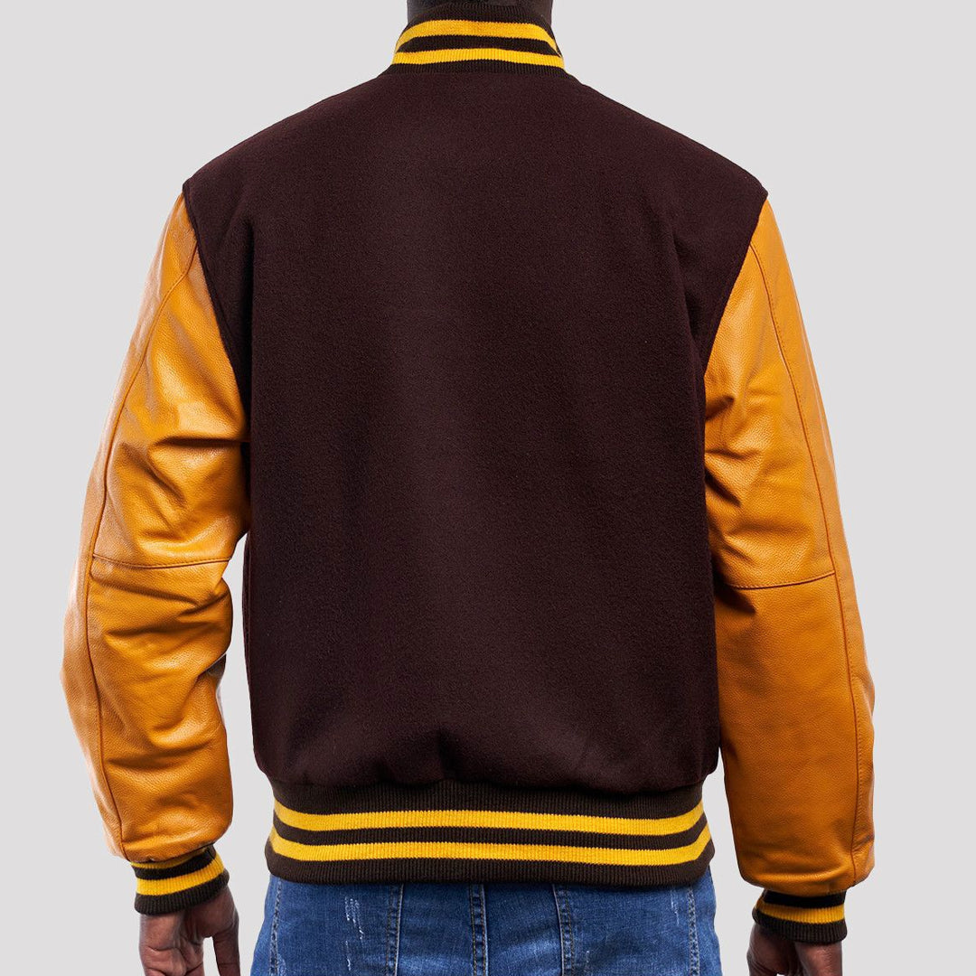 Brown Wool Body & Bright Gold Leather Sleeves Varsity Jacket