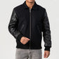 Black Body & Cowhide Leather Sleeves Zipper and Byron Collar Jacket