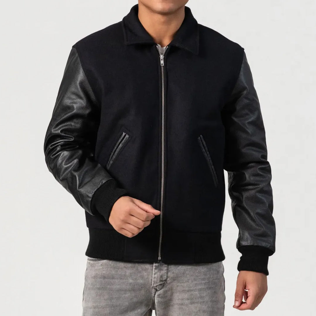 Black Body & Cowhide Leather Sleeves Zipper and Byron Collar Jacket