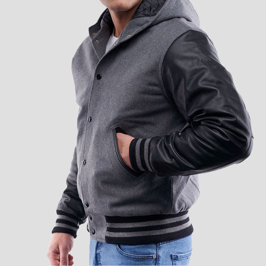 Light Oxford Wool Body & Black Sleeves Hoodie Varsity Jacket