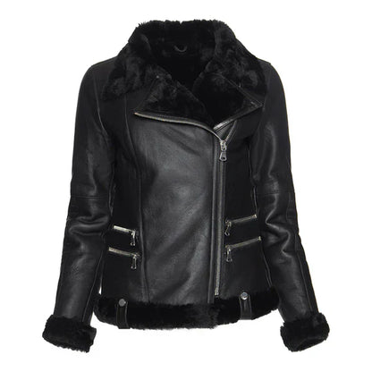 Women's Spanish Merino Faux Shearling Black Leather Jacket-Women Shearling Jacket-Premium Leather Street