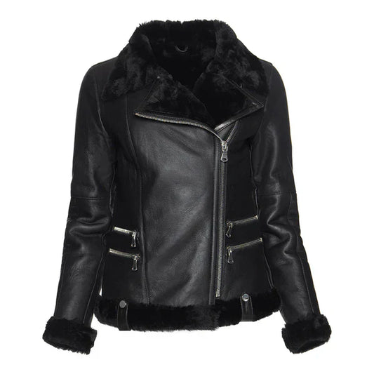 Women's Spanish Merino Faux Shearling Black Leather Jacket-Women Shearling Jacket-Premium Leather Street