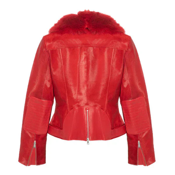Women's Tara Calf Faux Shearling Red Fur Leather Jacket-Women Shearling Jacket-Premium Leather Street