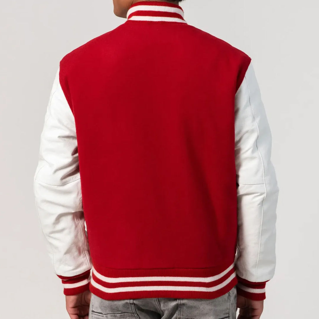 Scarlet Wool Body & White Leather Sleeves Zipper Varsity Jacket