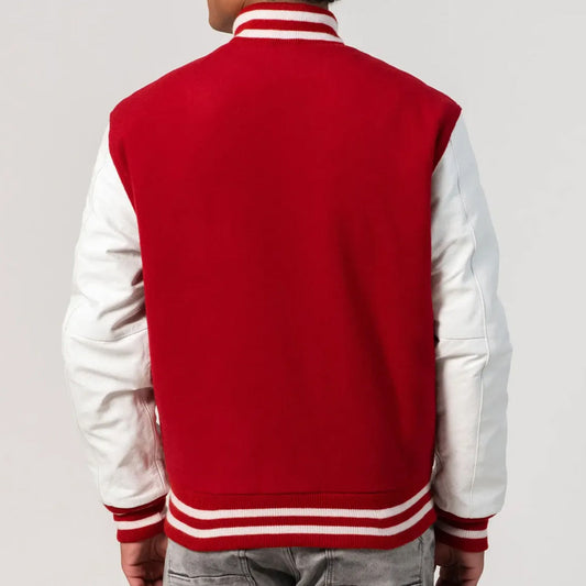 Scarlet Wool Body & White Leather Sleeves Zipper Varsity Jacket