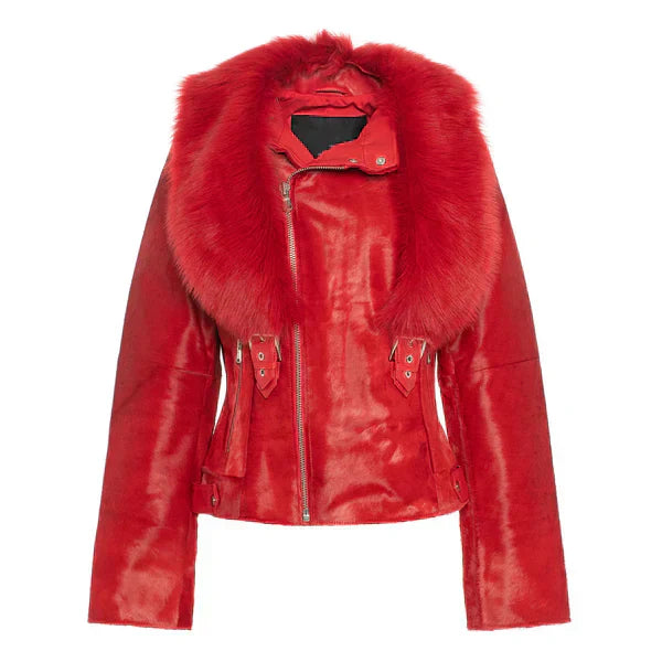 Women's Tara Calf Faux Shearling Red Fur Leather Jacket-Women Shearling Jacket-Premium Leather Street