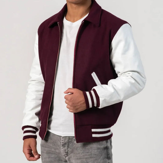 Maroon Body & White Sleeves Byron Collar & Zipper Varsity Jacket