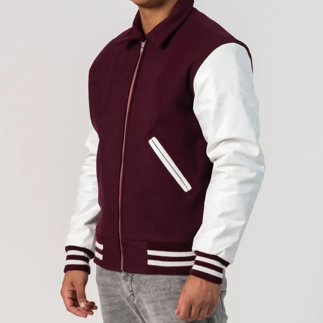 Maroon Body & White Sleeves Byron Collar & Zipper Varsity Jacket