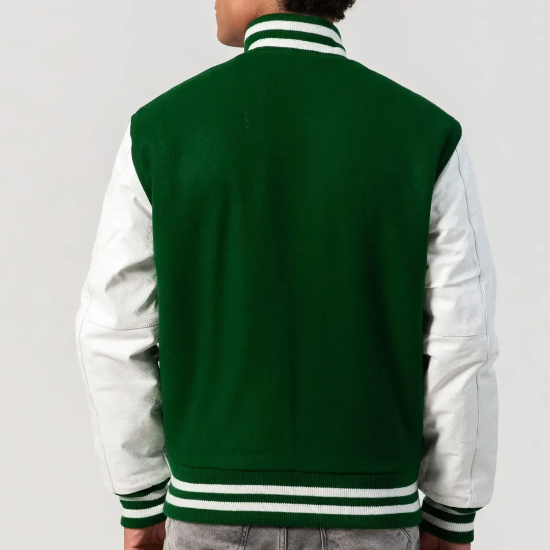 Kelly Green Wool Body & White Leather Sleeves Zipper Varsity Jacket