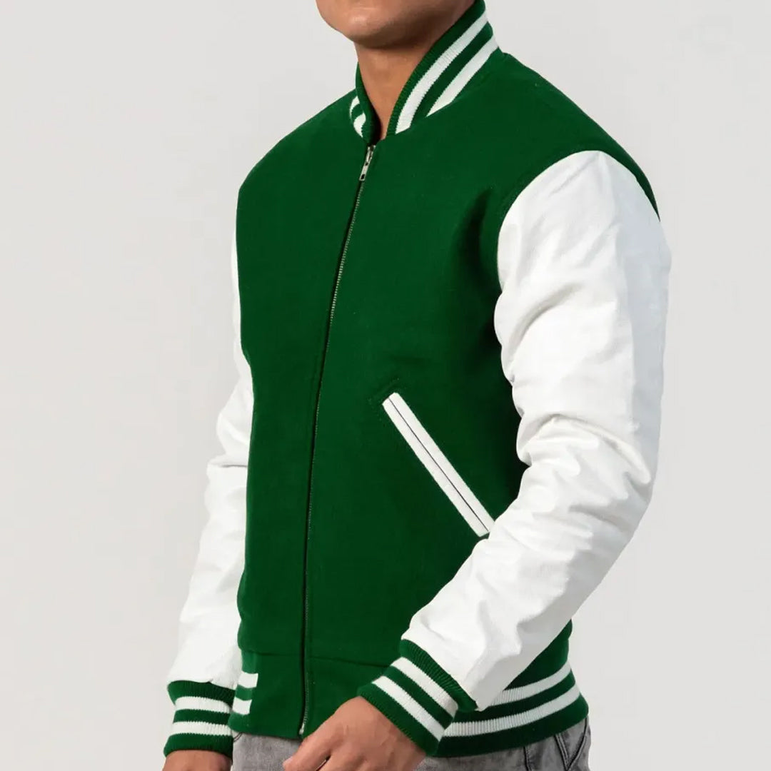 Kelly Green Wool Body & White Leather Sleeves Zipper Varsity Jacket