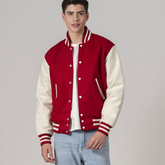 Scarlet Red & White All-Wool Customizable Varsity Jacket