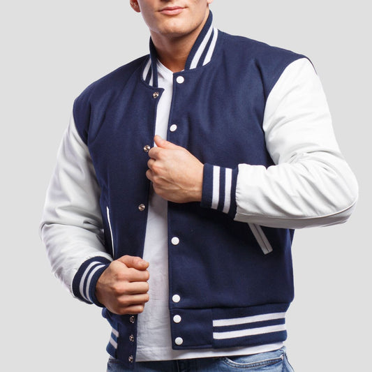 Royal Blue Wool Body & Bright White Leather Sleeves Varsity Jacket