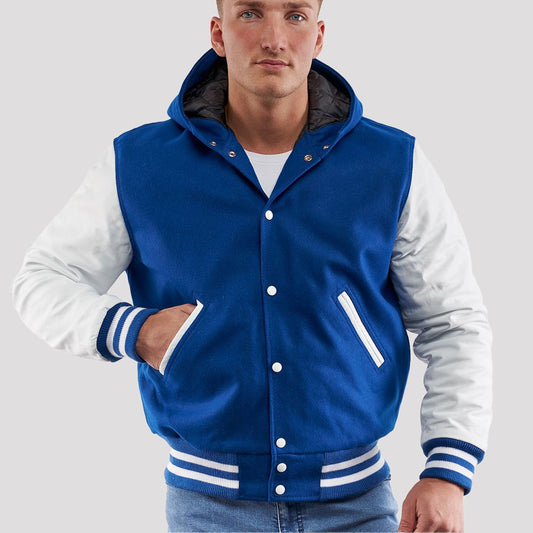 Bright Royal Wool Body & Bright White Sleeves Hoodie Varsity Jacket