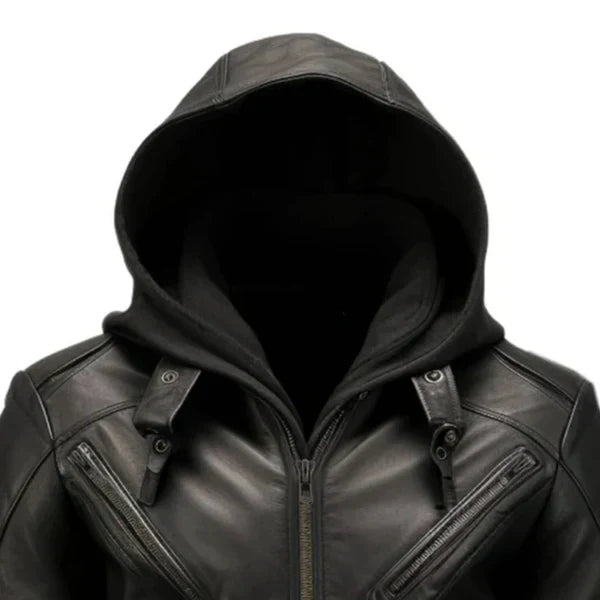 Men's Hooded Black Biker Leather Jacket-Men's Biker Jackets-Premium Leather Street