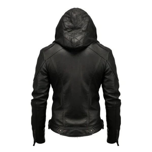 Men's Hooded Black Biker Leather Jacket-Men's Biker Jackets-Premium Leather Street
