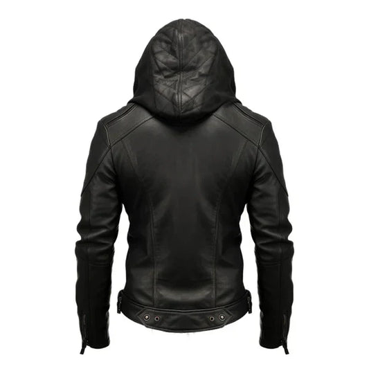 Men's Hooded Black Biker Leather Jacket-Men's Biker Jackets-Premium Leather Street