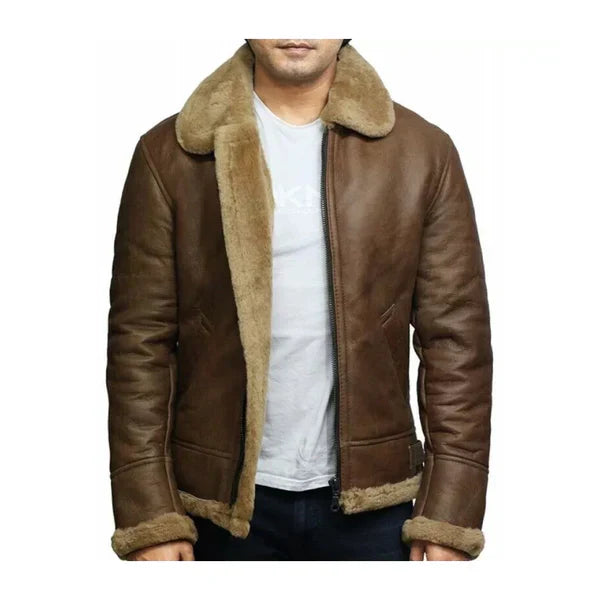 Men's Brown Vintage Faux Shearling Bomber Leather Jacket-Men Shearling Jacket-Premium Leather Street