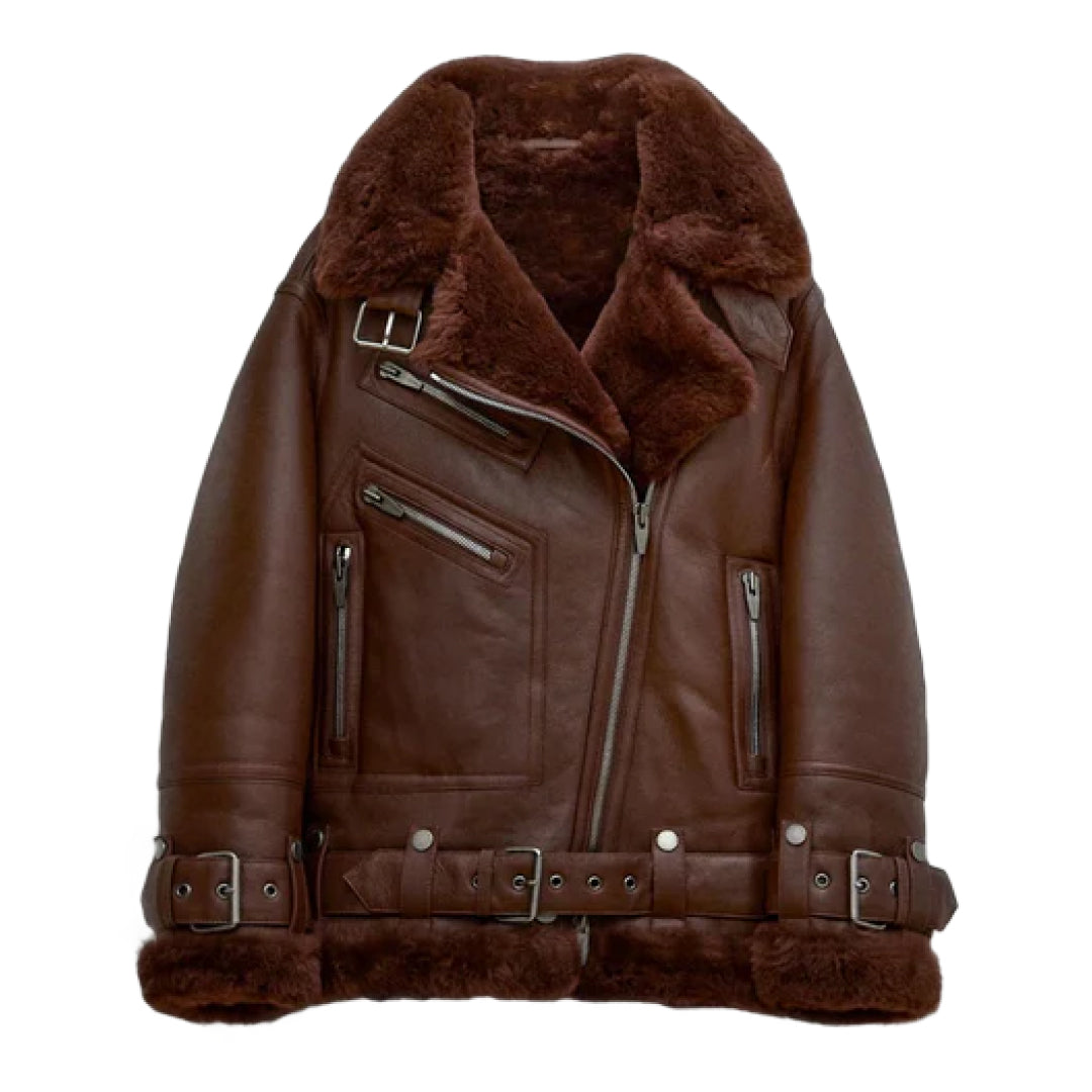 Women's Notch Faux Shearling Moto Leather Jacket-Women Shearling Jacket-Premium Leather Street