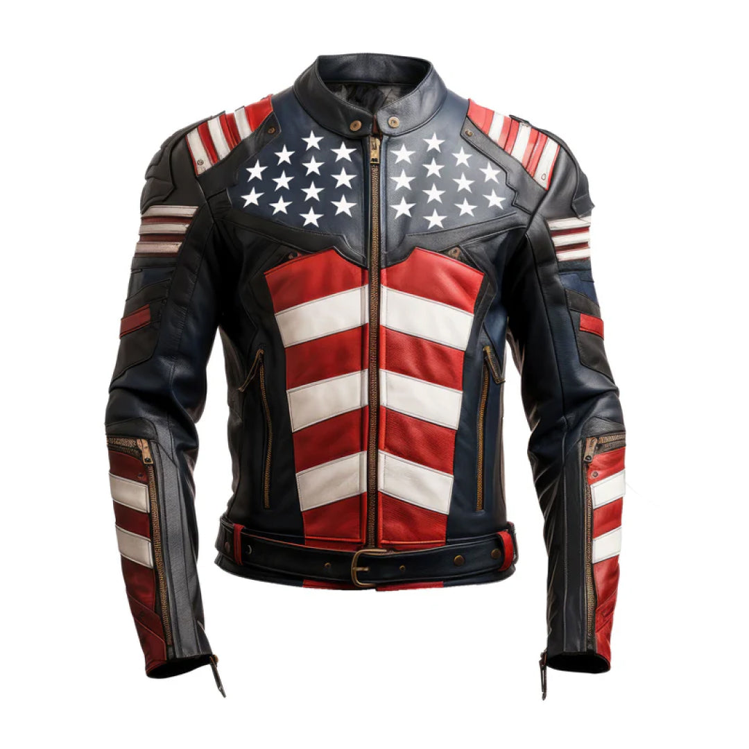 Men's American Flag Zipper Leather Jacket-Men's Biker Jackets-Premium Leather Street