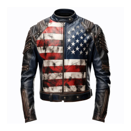 Men's USA Flag Casual Motorcycle Leather Jacket-Men's Biker Jackets-Premium Leather Street